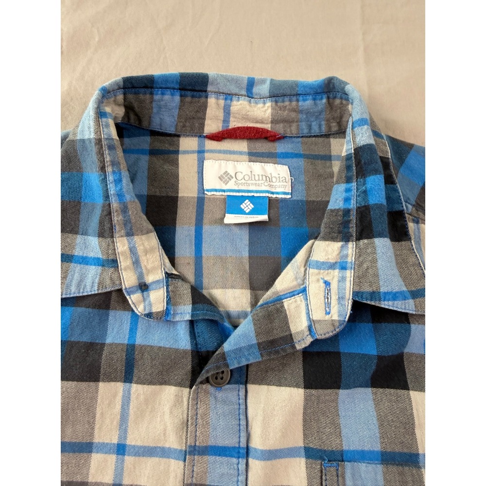 Columbia Mens Blue Plaid Long Sleeve Cotton Button Down Shirt Cotton Size Medium